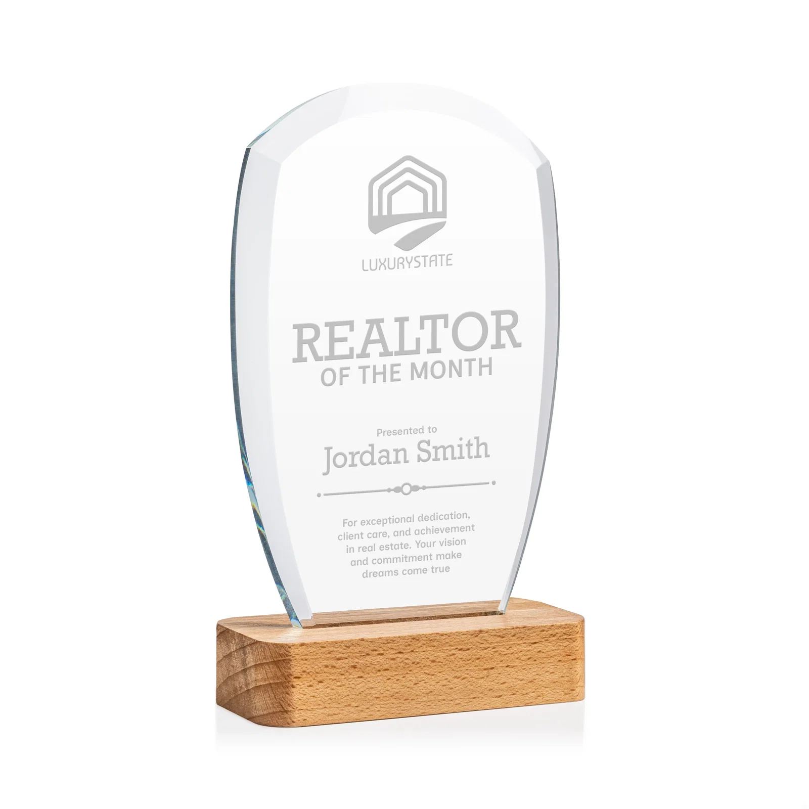 Custom Starfire Crystal Panel Award on Beechwood Base for corporate award ceremonies