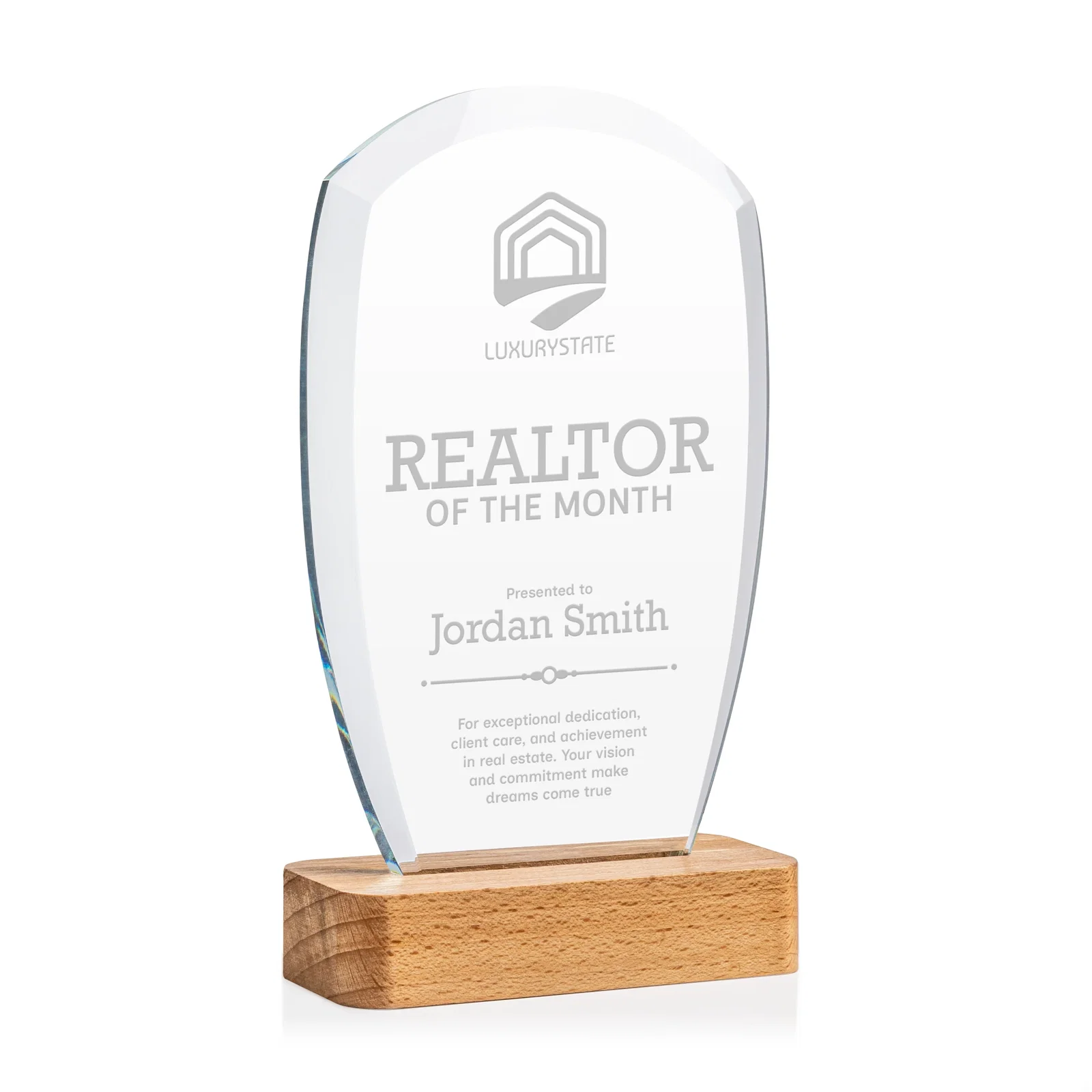 Custom Starfire Crystal Panel Award on Beechwood Base for service anniversary gifts