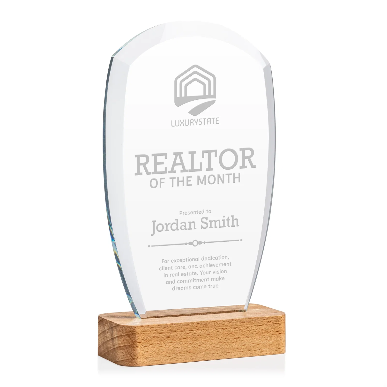 Custom Starfire Crystal Panel Award on Beechwood Base for sales achievement awards