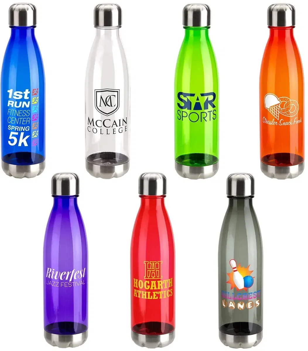 Bayside 25 oz stainless-cap Tritan bottle with custom logo, front view of branded clear water bottle