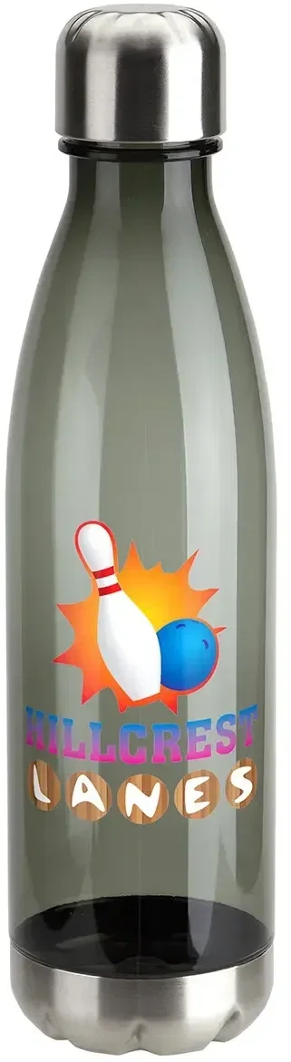 Angled view of the branded Bayside 25 oz clear Tritan promotional water bottle