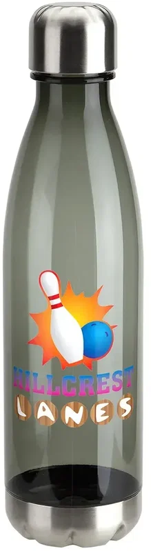 Angled view of the branded Bayside 25 oz clear Tritan promotional water bottle