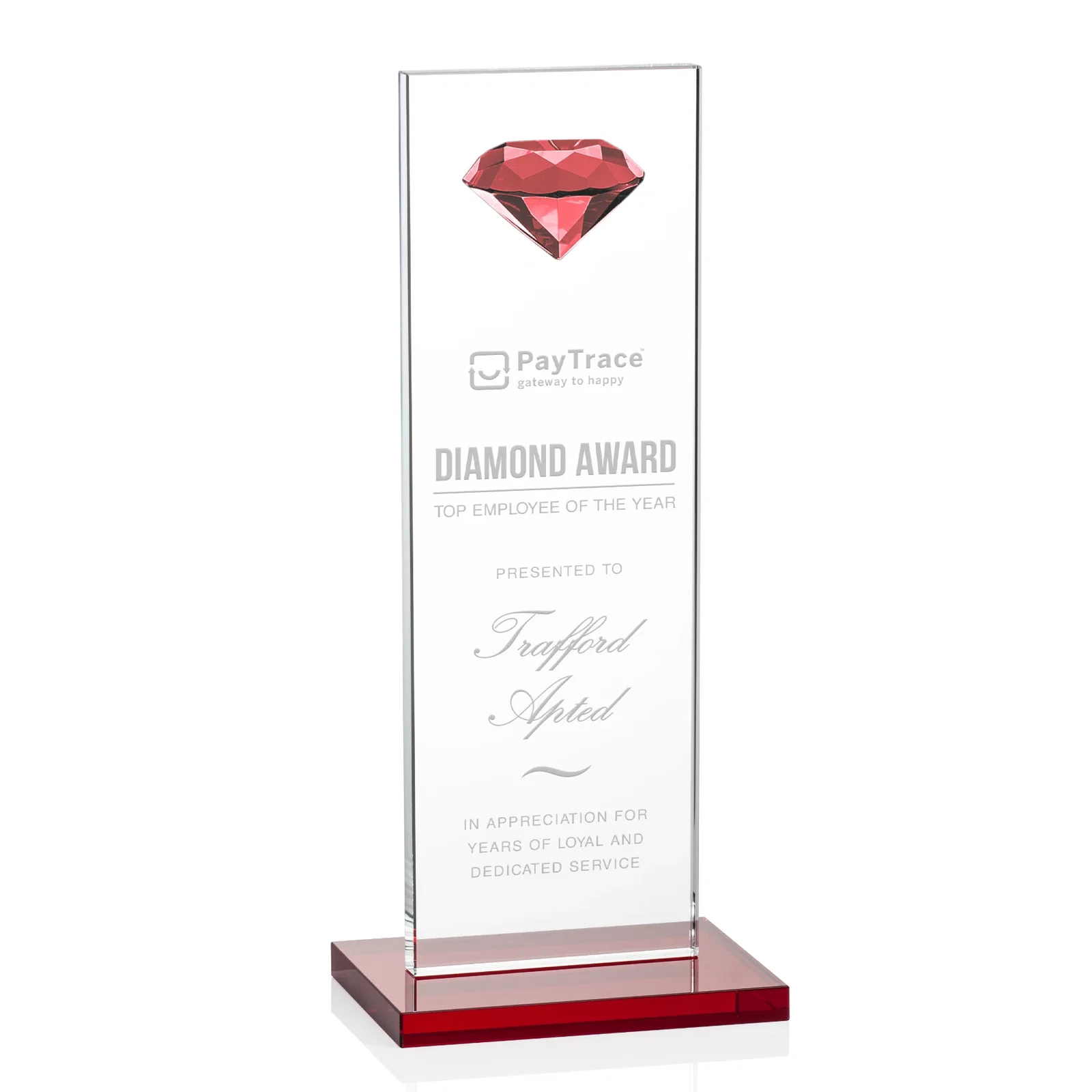 Personalized Starfire Crystal Award with Faceted Half-Diamond Ornament on Top for sales achievement awards