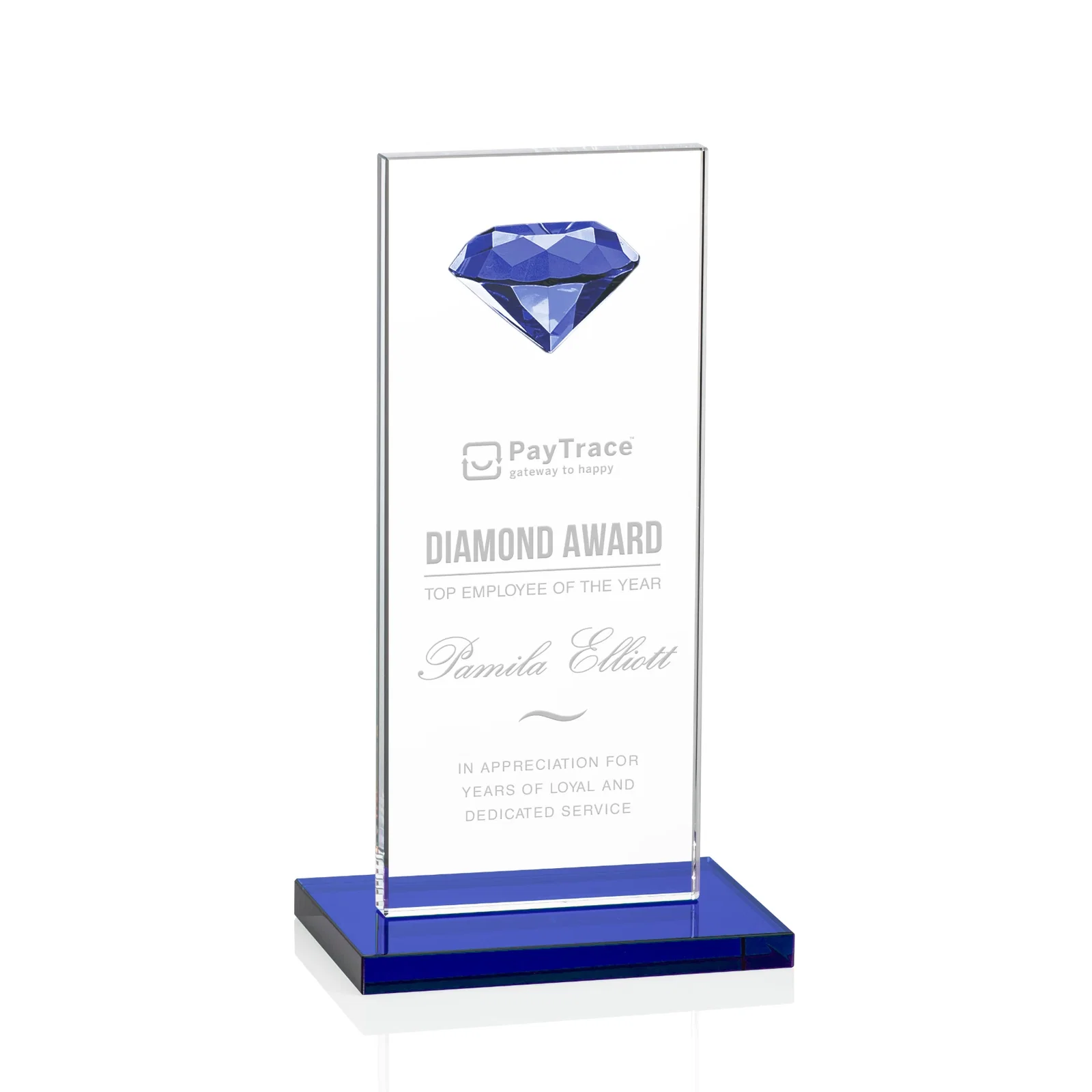 Personalized Starfire Crystal Award with Faceted Half-Diamond Ornament on Top for donor appreciation