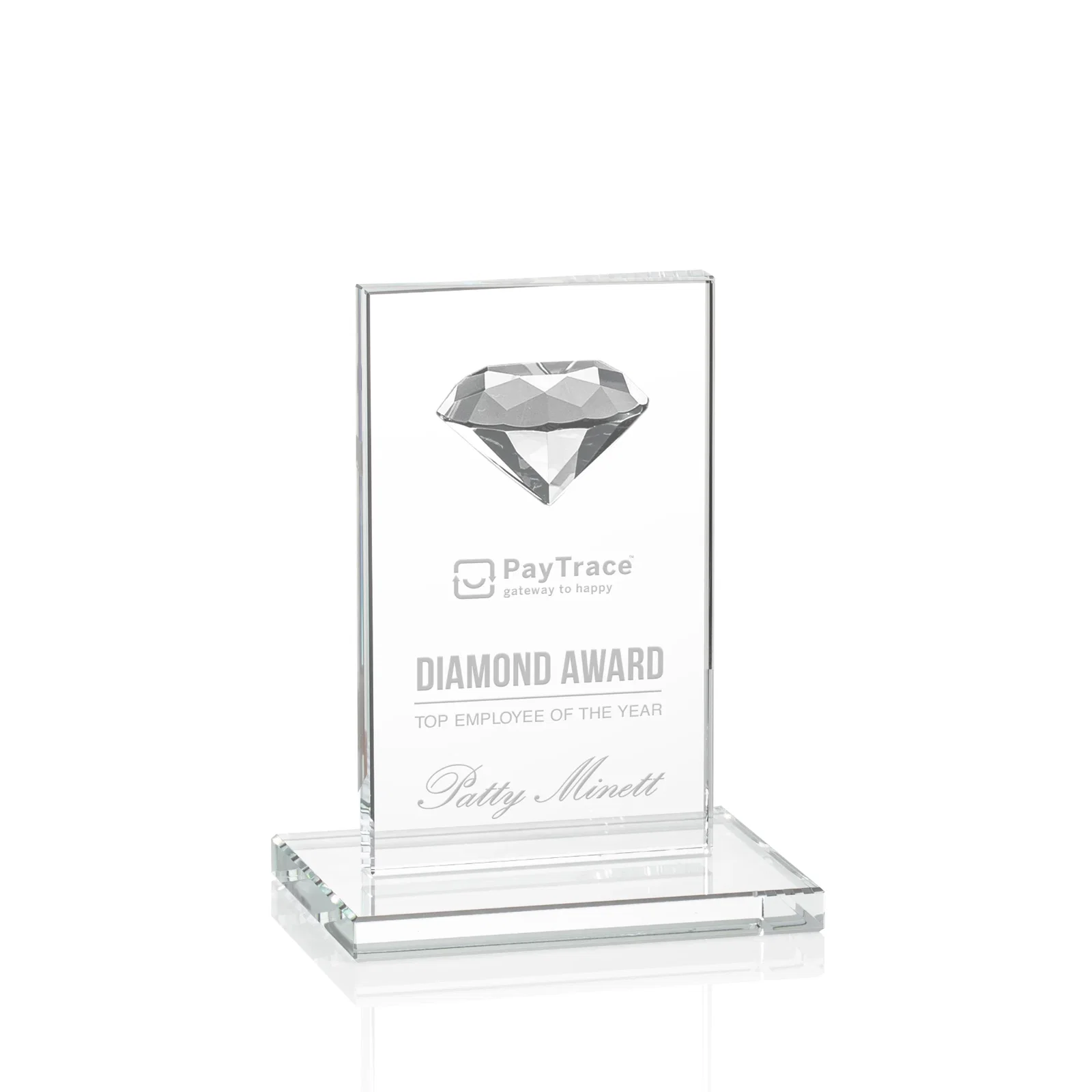 Custom Starfire Crystal Award with Faceted Half-Diamond Ornament on Top for corporate award ceremonies