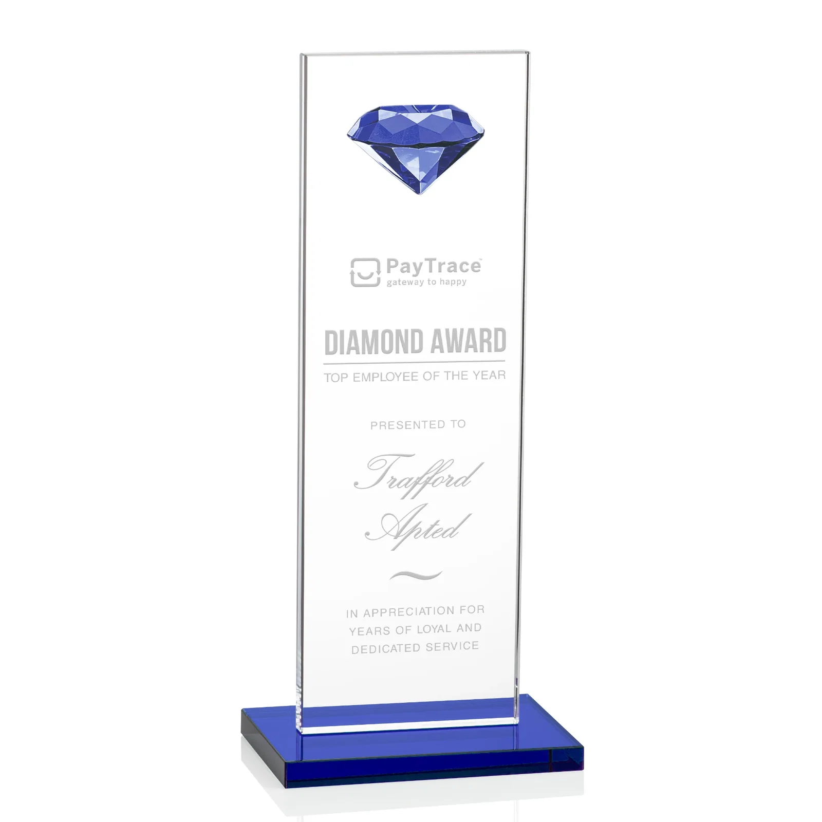 Personalized Starfire Crystal Award with Faceted Half-Diamond Ornament on Top for graduation ceremonies