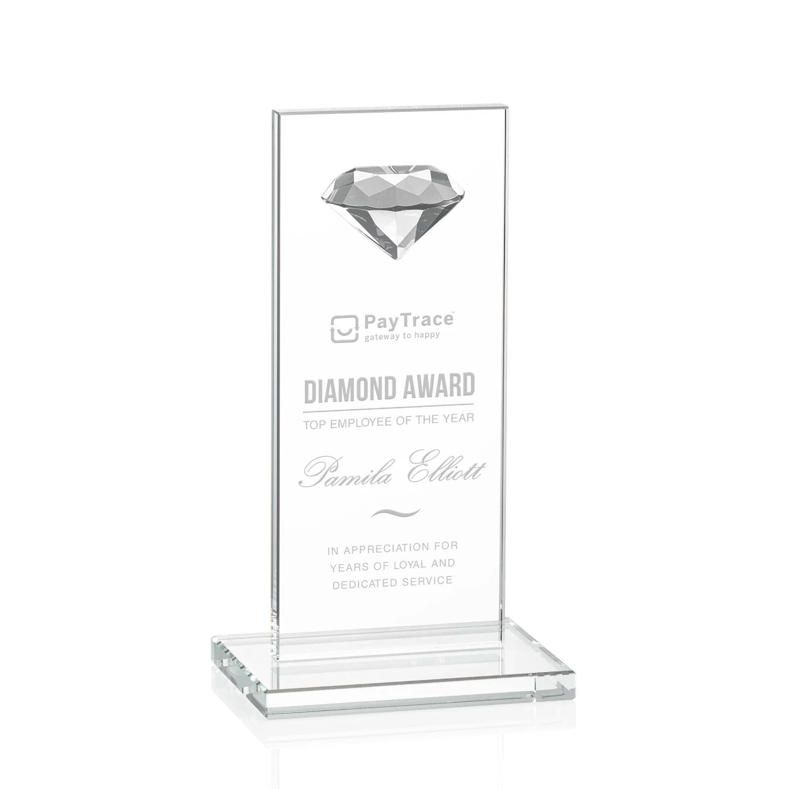 Custom Starfire Crystal Award with Faceted Half-Diamond Ornament on Top for service anniversary gifts