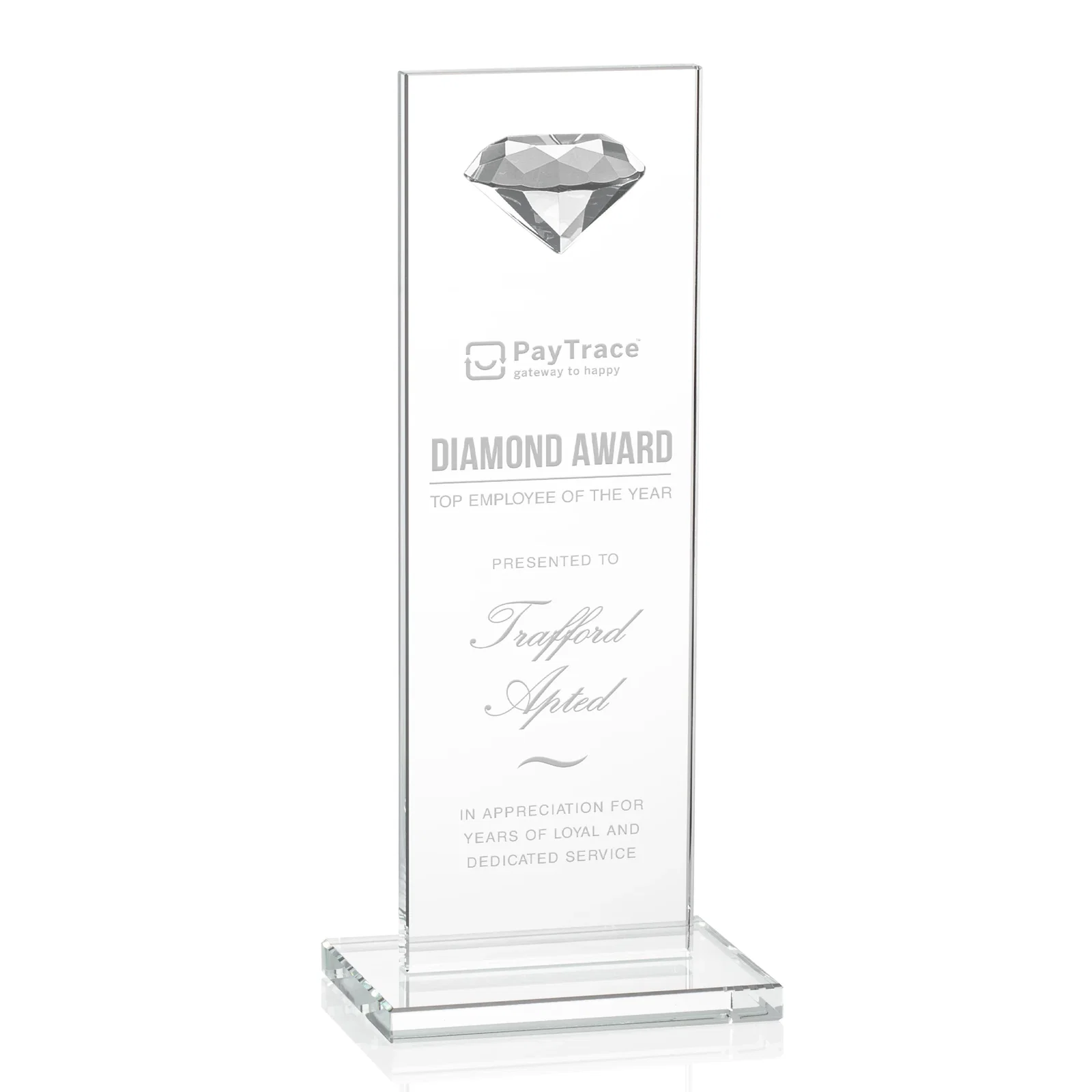 Custom Starfire Crystal Award with Faceted Half-Diamond Ornament on Top for sales achievement awards