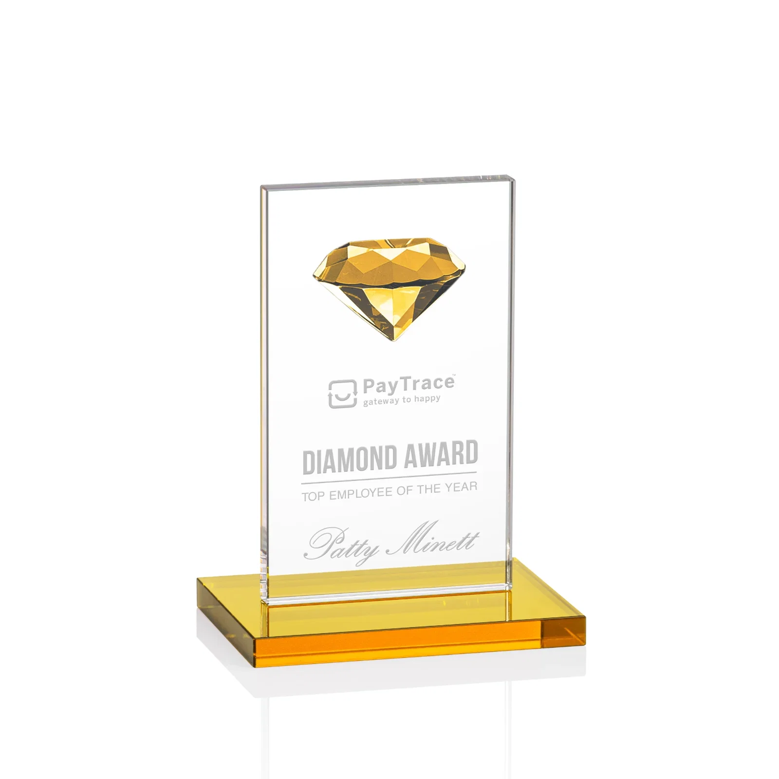 Custom Starfire Crystal Award with Faceted Half-Diamond Ornament on Top for team milestone celebrations