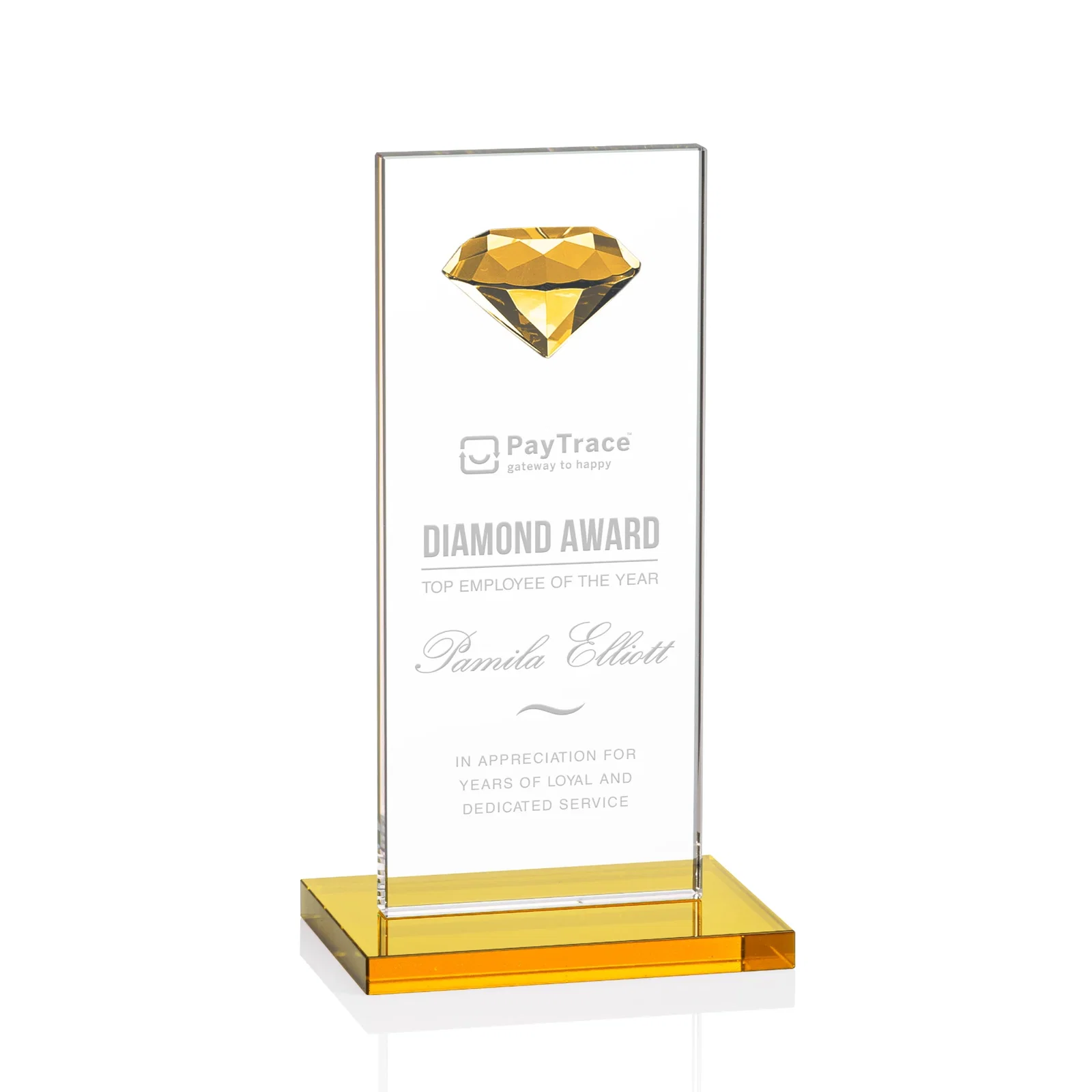 Custom Starfire Crystal Award with Faceted Half-Diamond Ornament on Top for donor appreciation