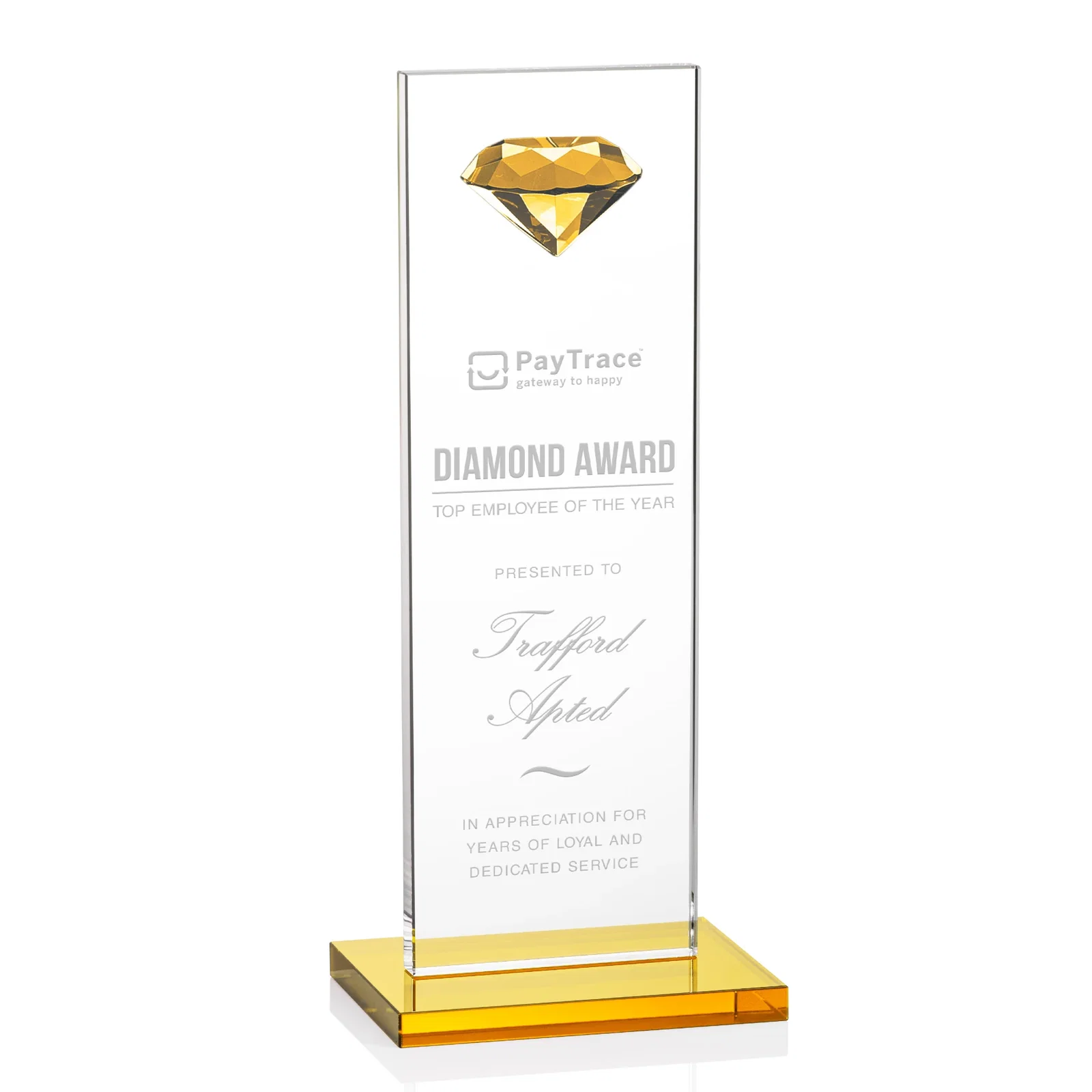 Custom Starfire Crystal Award with Faceted Half-Diamond Ornament on Top for graduation ceremonies