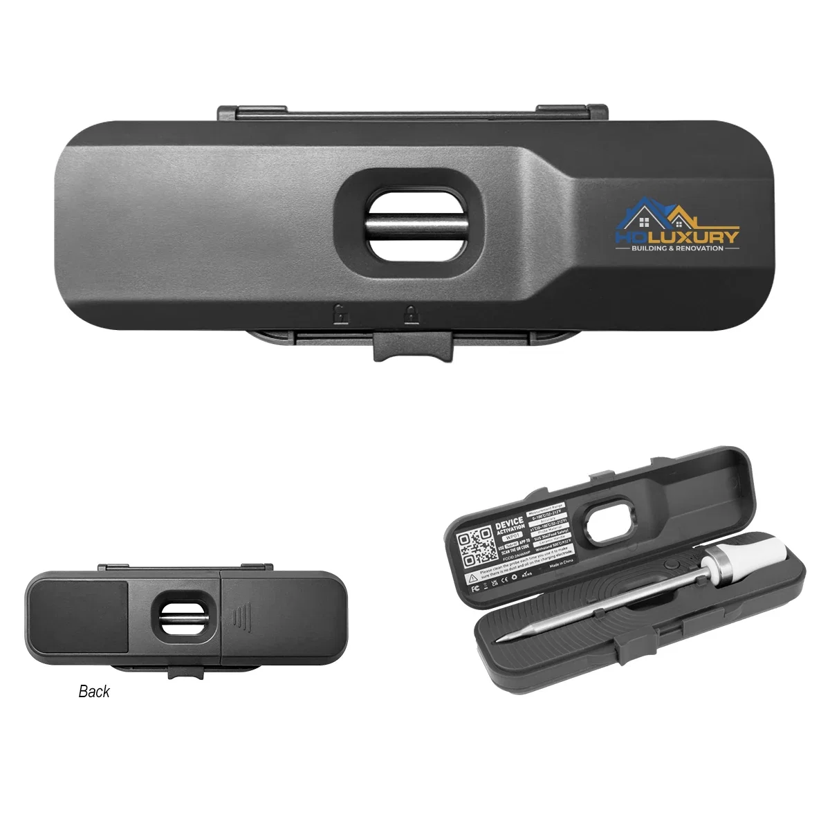 Angled view of the grill accessory beside its stainless probe