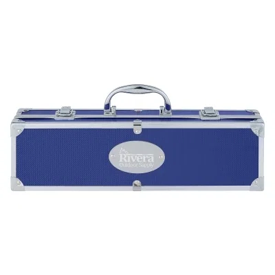 Aluminum case opened to reveal a barbecue tool set