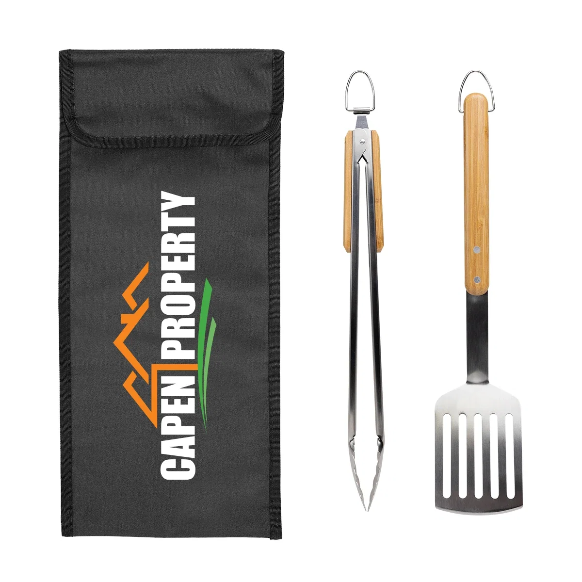 Handle detail on one of the long barbecue utensils