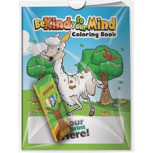 Be Kind to Your Mind Coloring Book & Crayons Combo Pack cover with 4 non-toxic crayons in poly bag