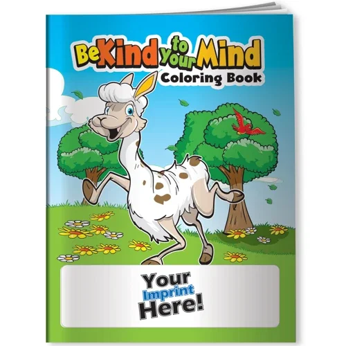 Be Kind to Your Mind Coloring Book open to a mental-wellness themed coloring page