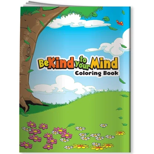 Be Kind to Your Mind Coloring Book interior page with calming self-care illustrations