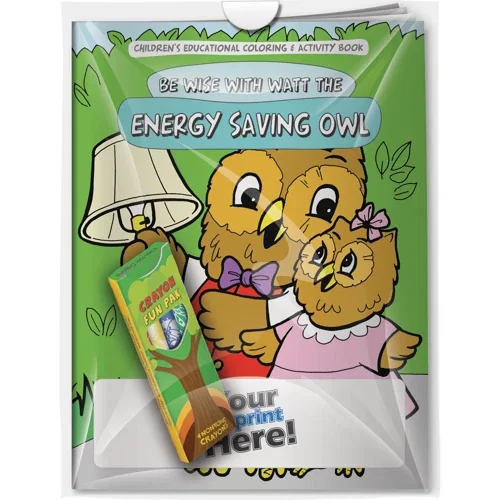 Be Wise with Watt the Energy Saving Owl coloring book and 4-crayon Fun Pak combo in poly bag