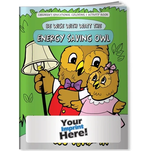Watt the Energy Saving Owl kids coloring book cover with owl character
