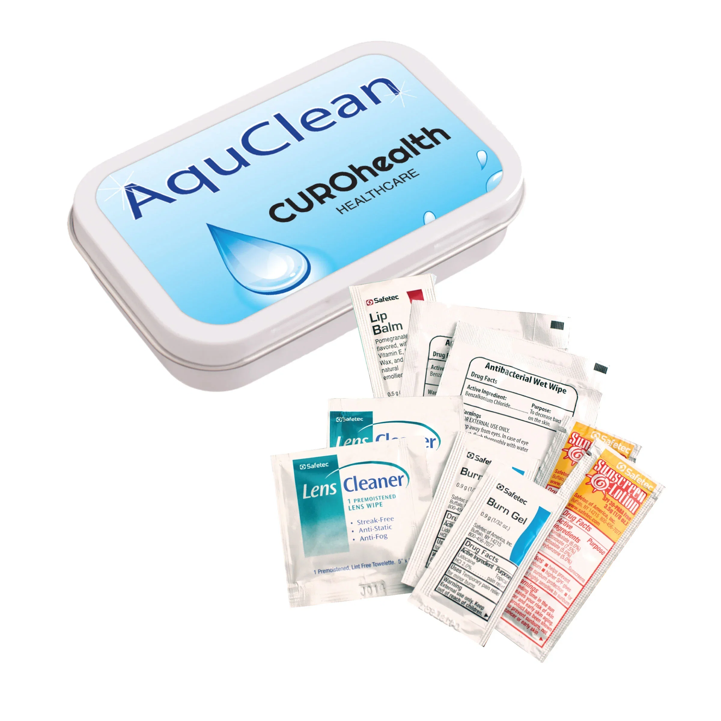 Beach necessities kit packed in a slim pocket-sized metal tin