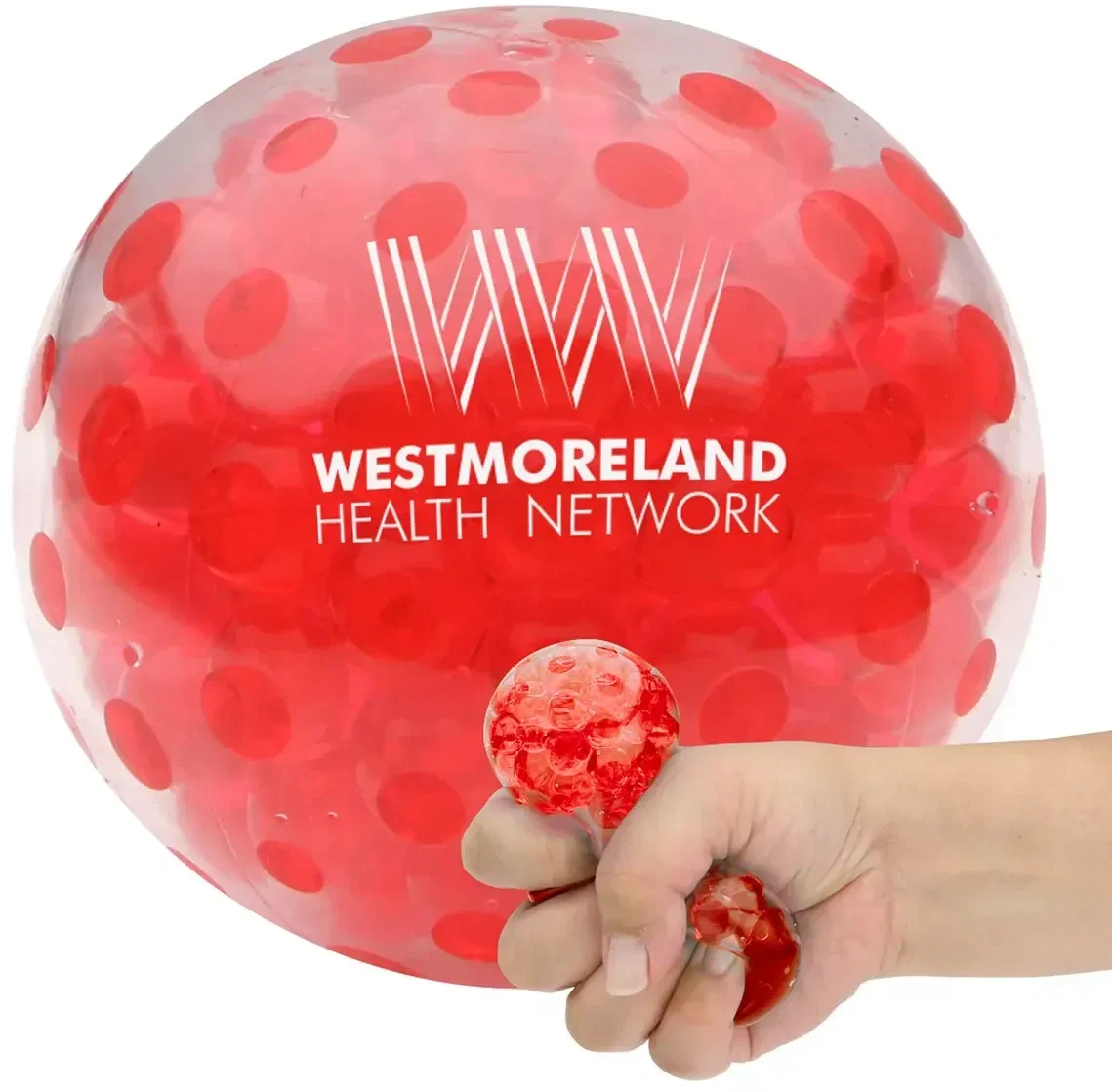 Custom Bead Squeeze Gel Stress Ball, branded promotional gel-bead squeeze ball being squeezed in hand