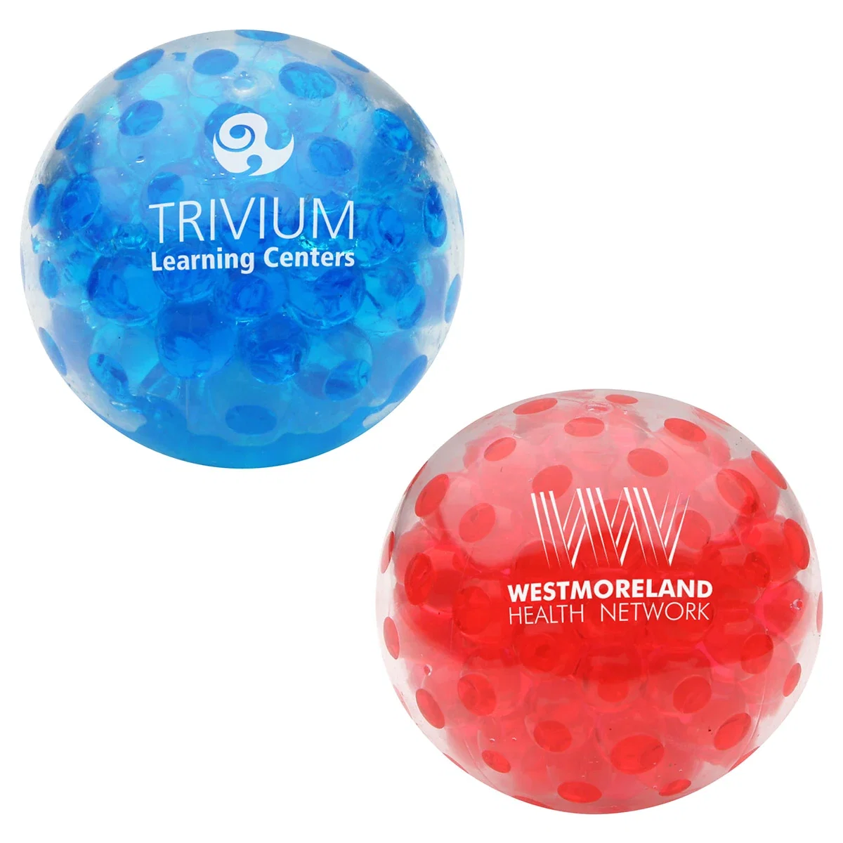 Custom Bead Squeeze Gel Stress Ball, close-up of promotional gel beads inside clear branded stress ball