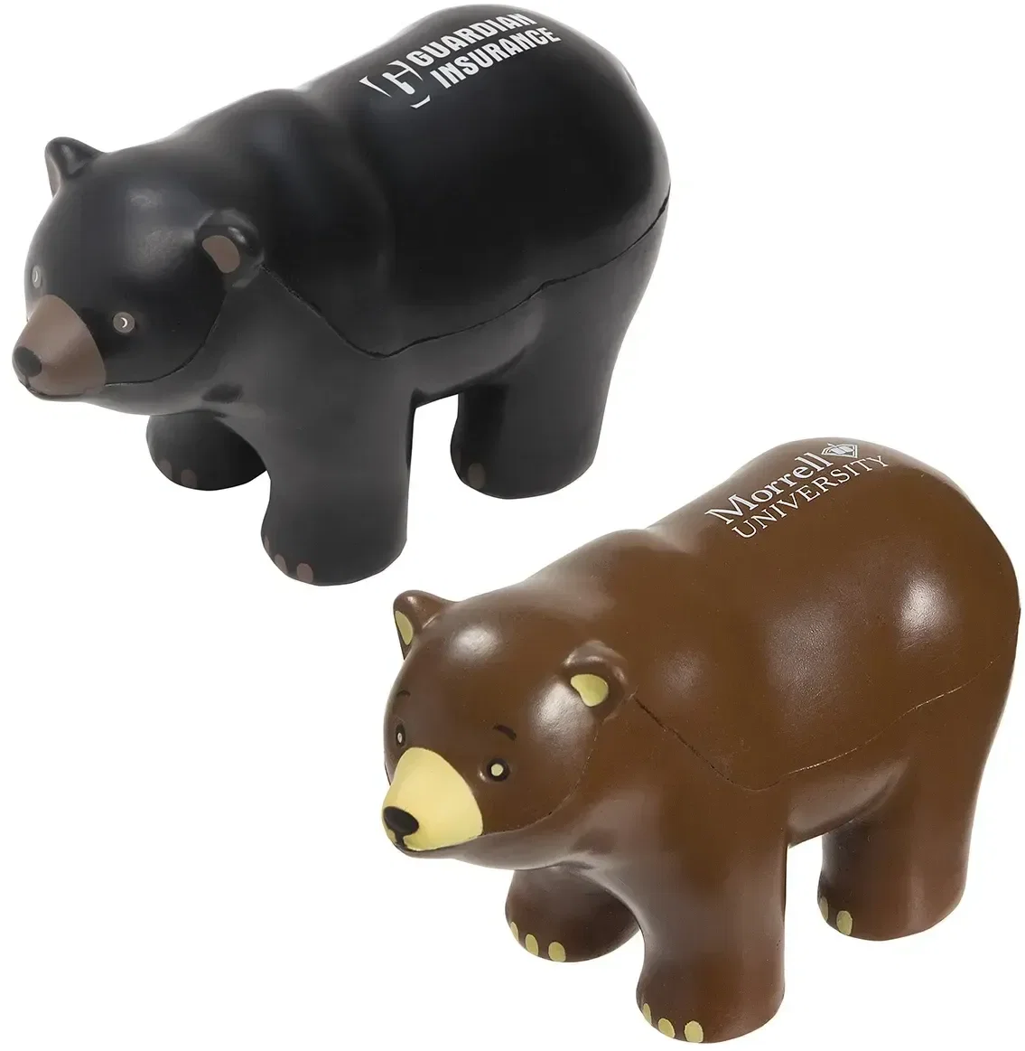 Bear-shaped custom stress reliever front view, branded promotional squeeze toy for logo giveaways