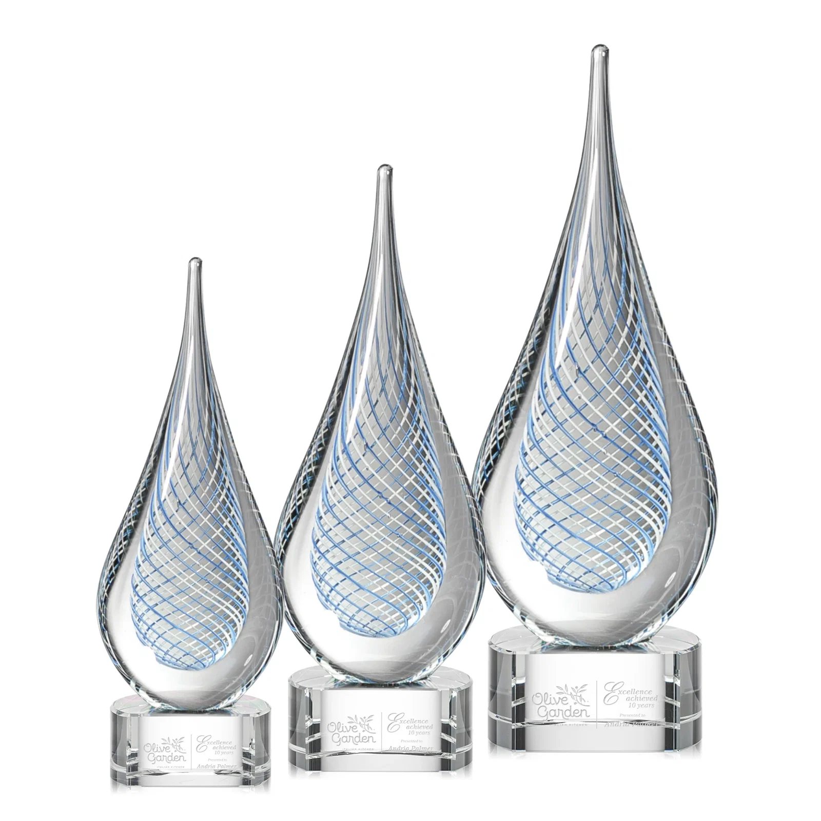 Custom Blue and White Glass Teardrop Award With Crossing Stringers for employee recognition