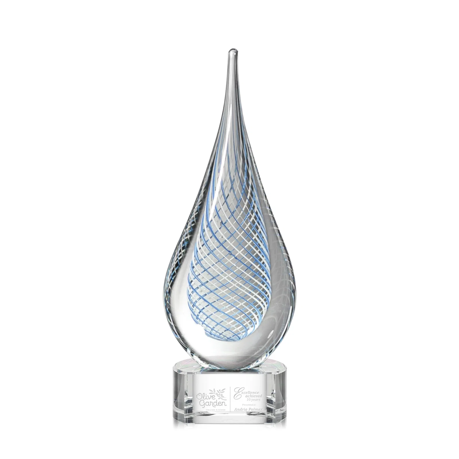 Custom Blue and White Glass Teardrop Award With Crossing Stringers for corporate award ceremonies