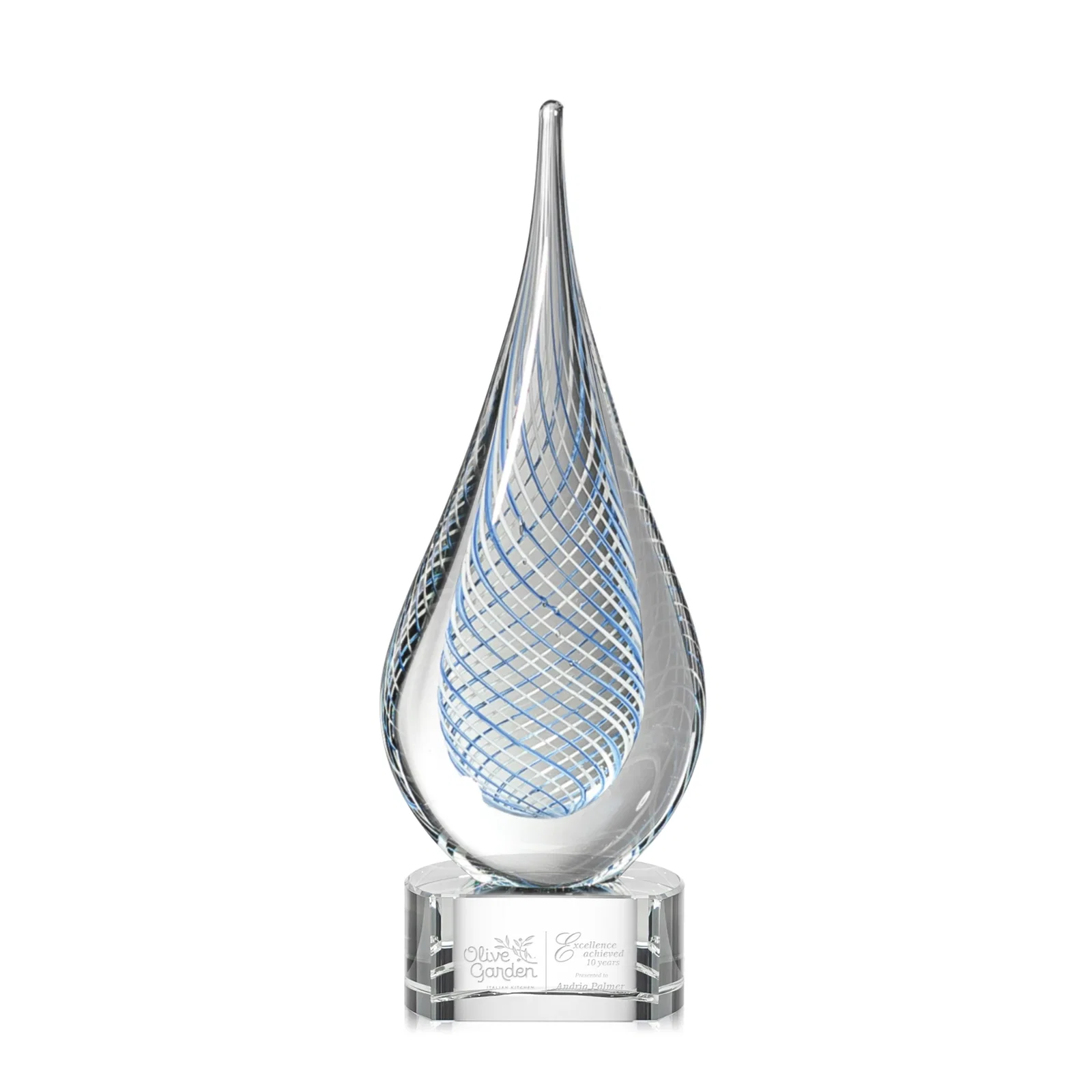 Custom Blue and White Glass Teardrop Award With Crossing Stringers for service anniversary gifts