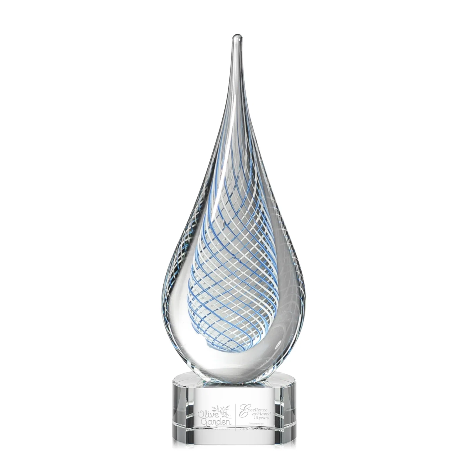 Custom Blue and White Glass Teardrop Award With Crossing Stringers for sales achievement awards