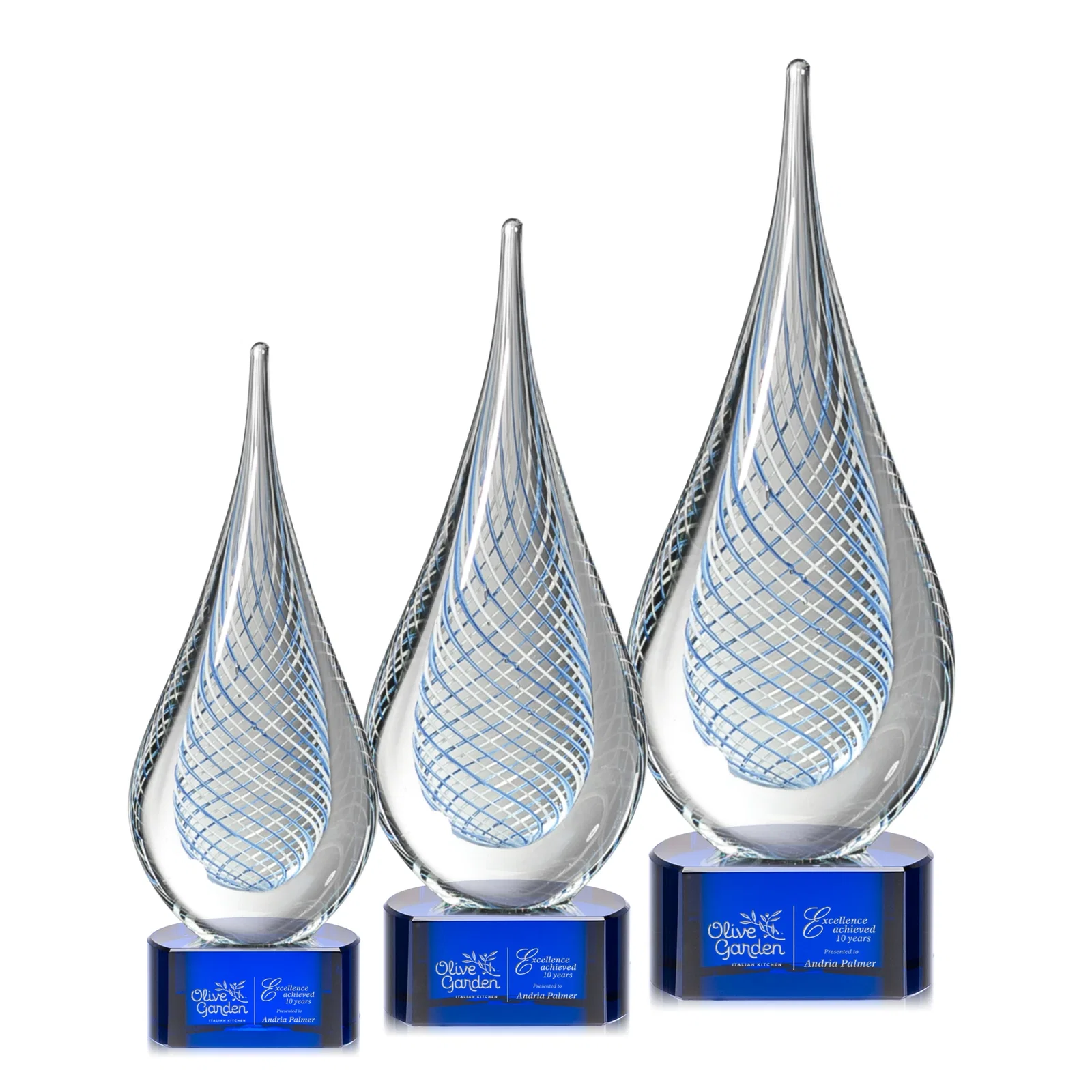 Custom Blue and White Glass Teardrop Award With Crossing Stringers for retirement presentations
