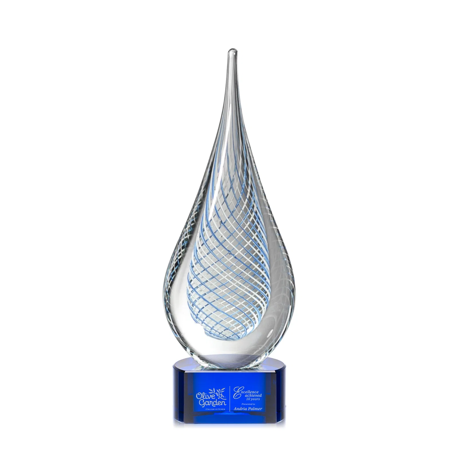 Custom Blue and White Glass Teardrop Award With Crossing Stringers for team milestone celebrations