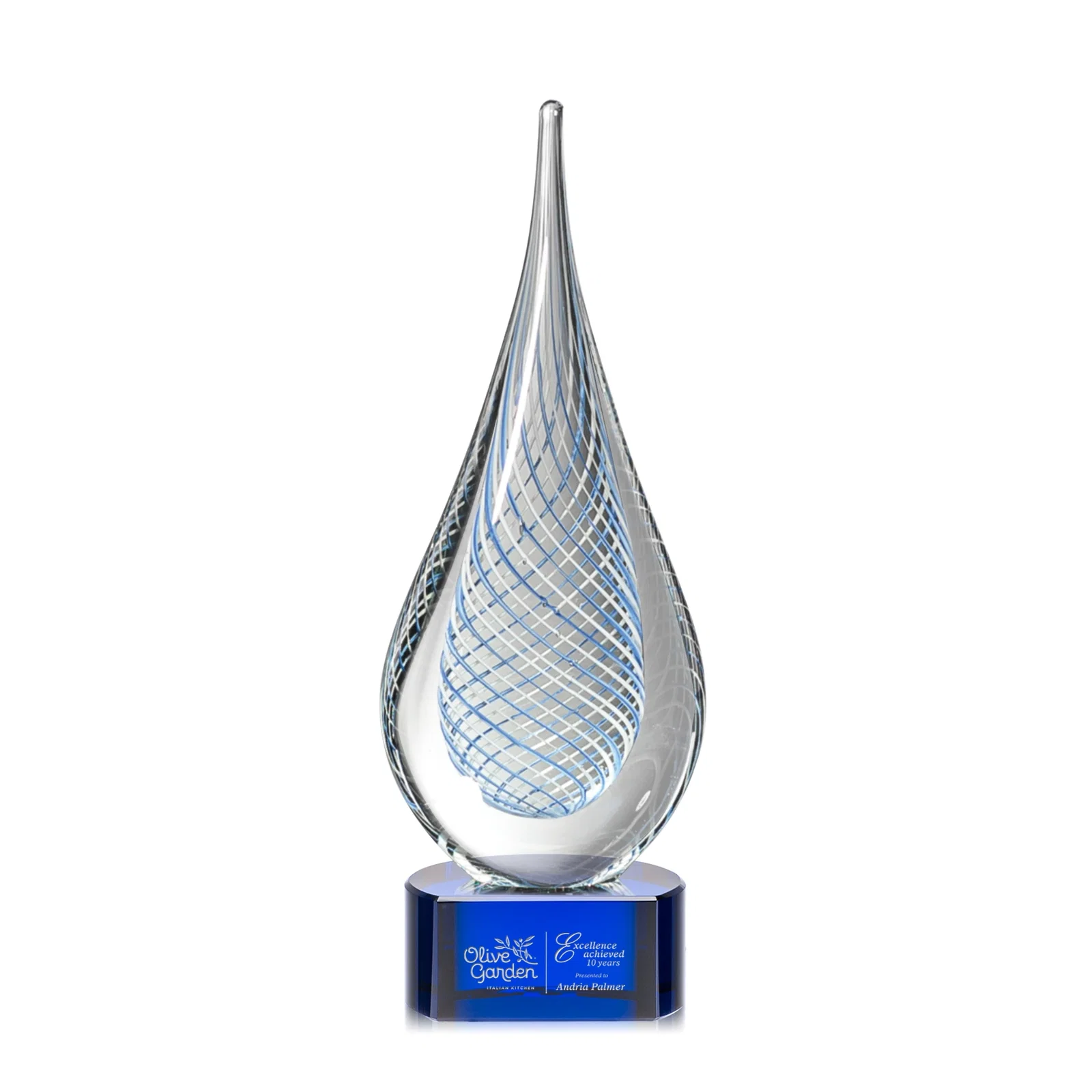 Custom Blue and White Glass Teardrop Award With Crossing Stringers for donor appreciation