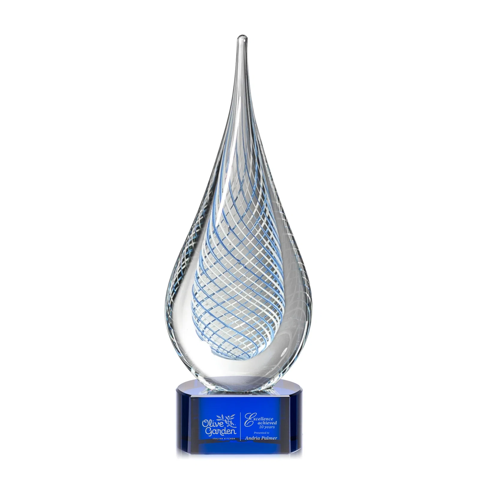 Custom Blue and White Glass Teardrop Award With Crossing Stringers for graduation ceremonies