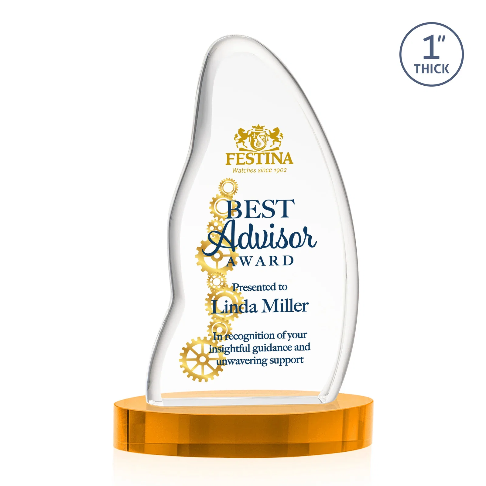 Branded Optical Crystal Arch Award with Waved Edge on Oval Base, awards for retirement presentations