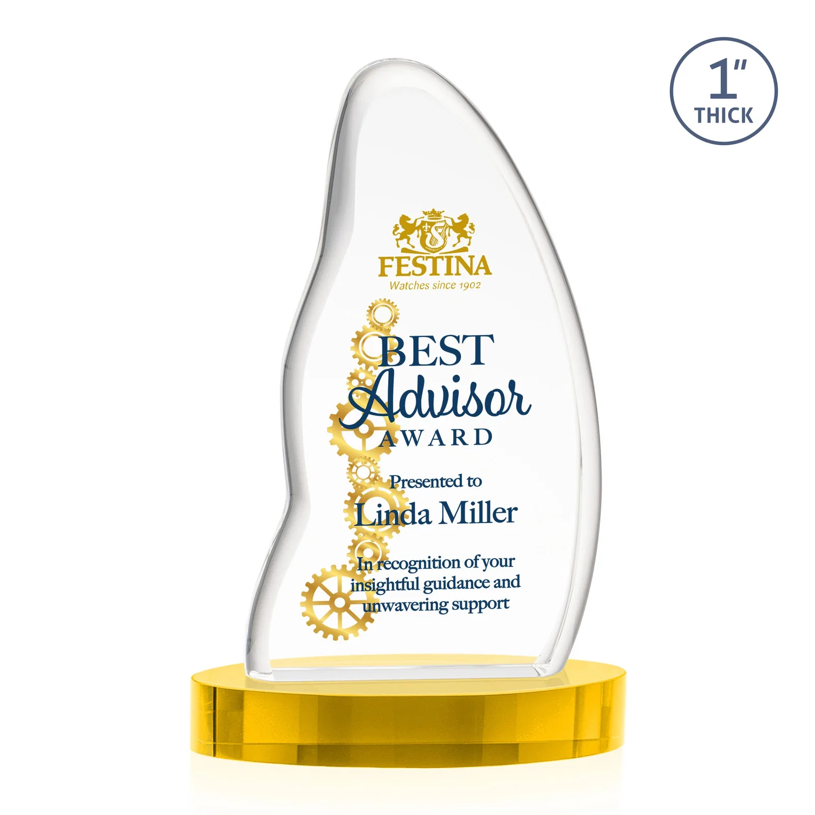 Custom printed Optical Crystal Arch Award with Waved Edge on Oval Base, awards for employee recognition