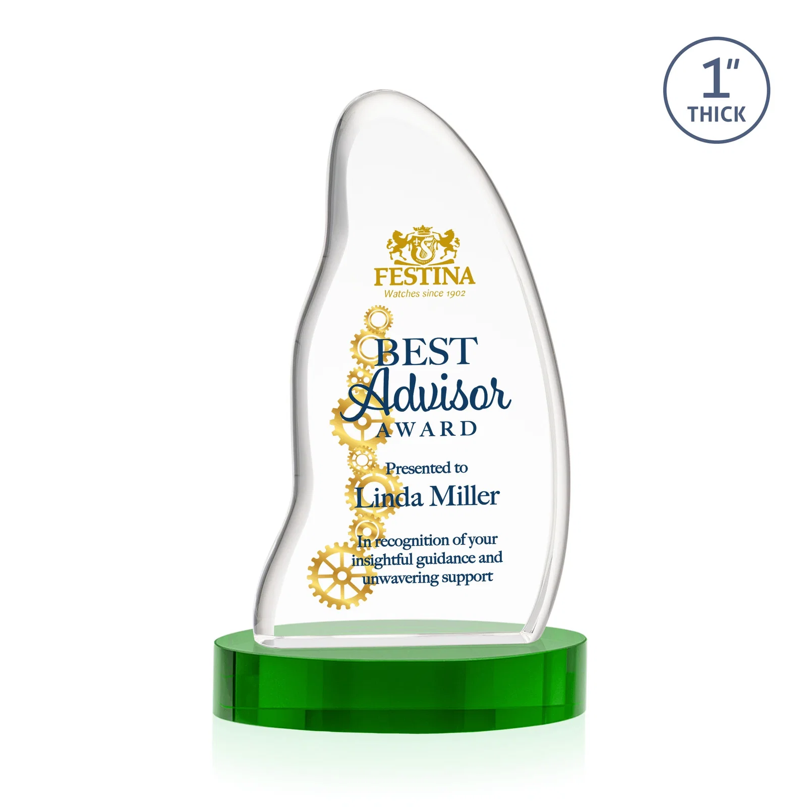 Custom printed Optical Crystal Arch Award with Waved Edge on Oval Base, awards for sales achievement awards
