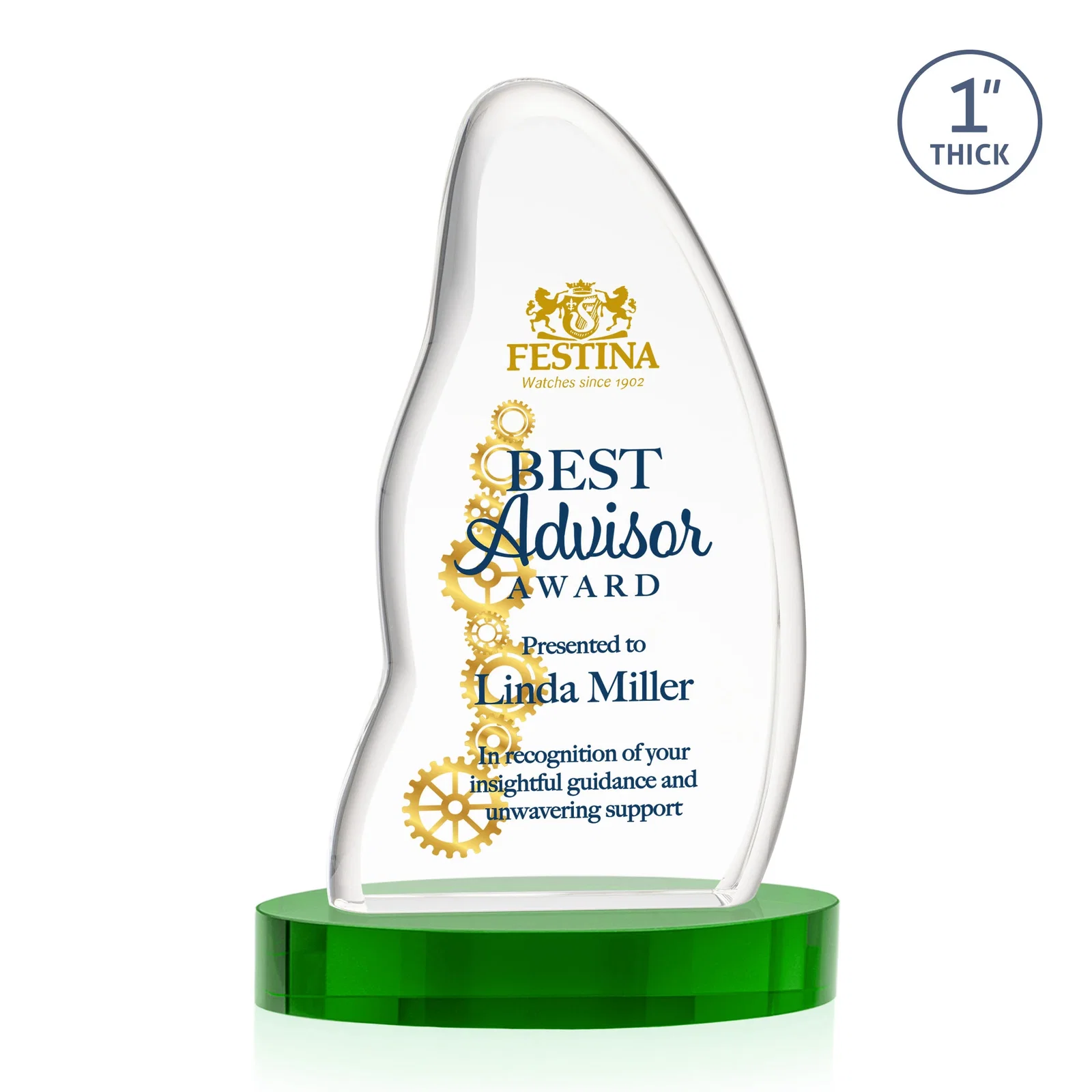Custom printed Optical Crystal Arch Award with Waved Edge on Oval Base, awards for retirement presentations