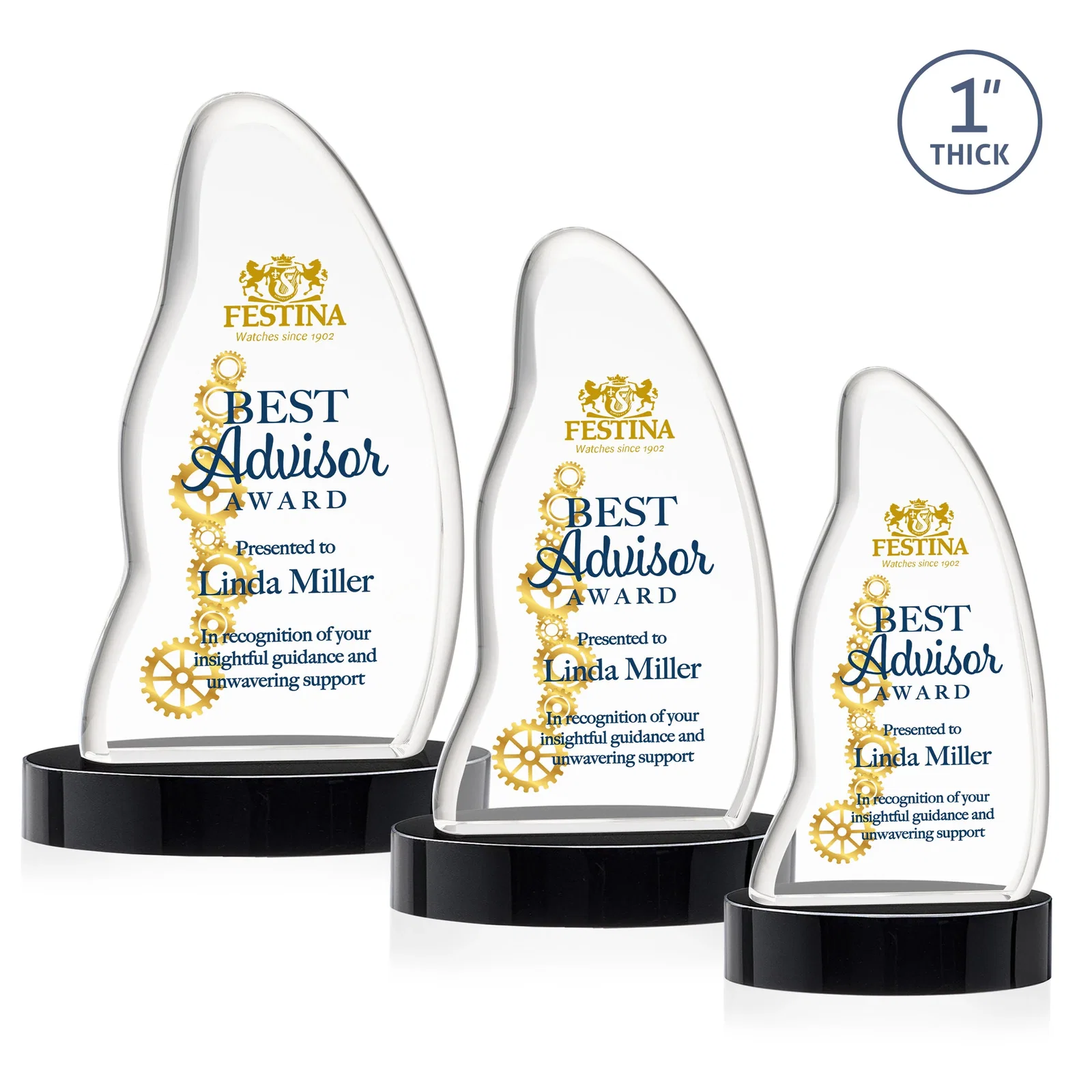 Custom printed Optical Crystal Arch Award with Waved Edge on Oval Base, awards for team milestone celebrations