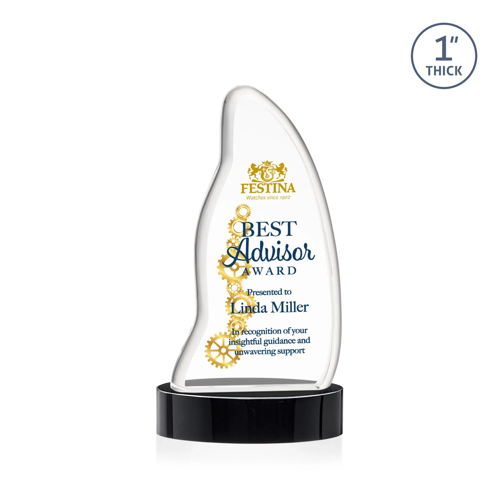 Custom printed Optical Crystal Arch Award with Waved Edge on Oval Base, awards for donor appreciation