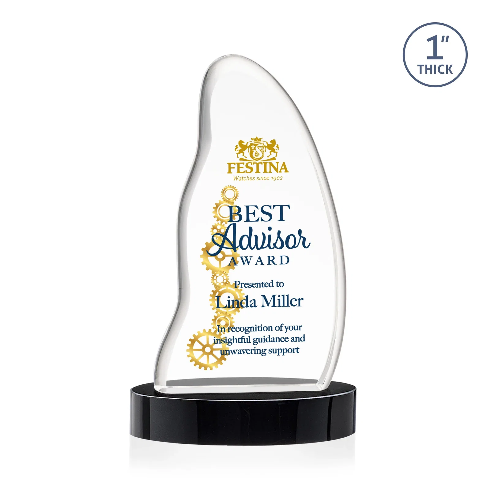 Custom printed Optical Crystal Arch Award with Waved Edge on Oval Base, awards for graduation ceremonies