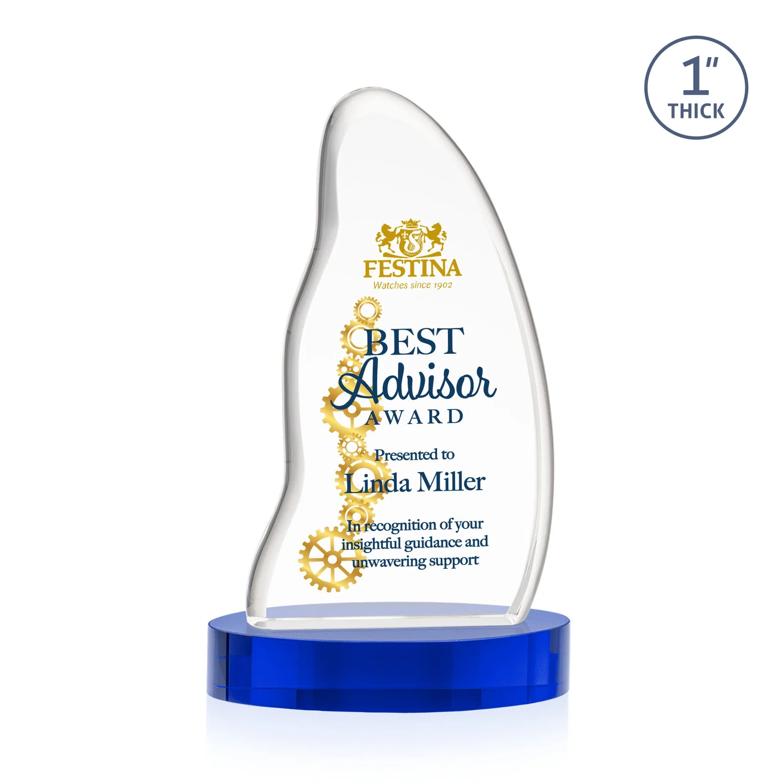 Custom printed Optical Crystal Arch Award with Waved Edge on Oval Base, awards for company anniversary events