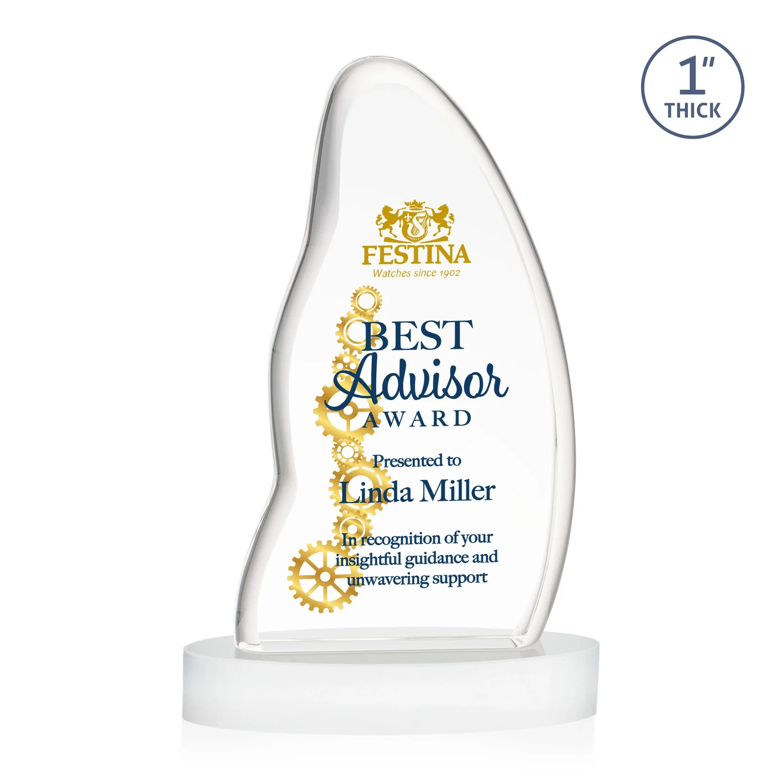 Custom engraved Optical Crystal Arch Award with Waved Edge on Oval Base, awards for employee recognition