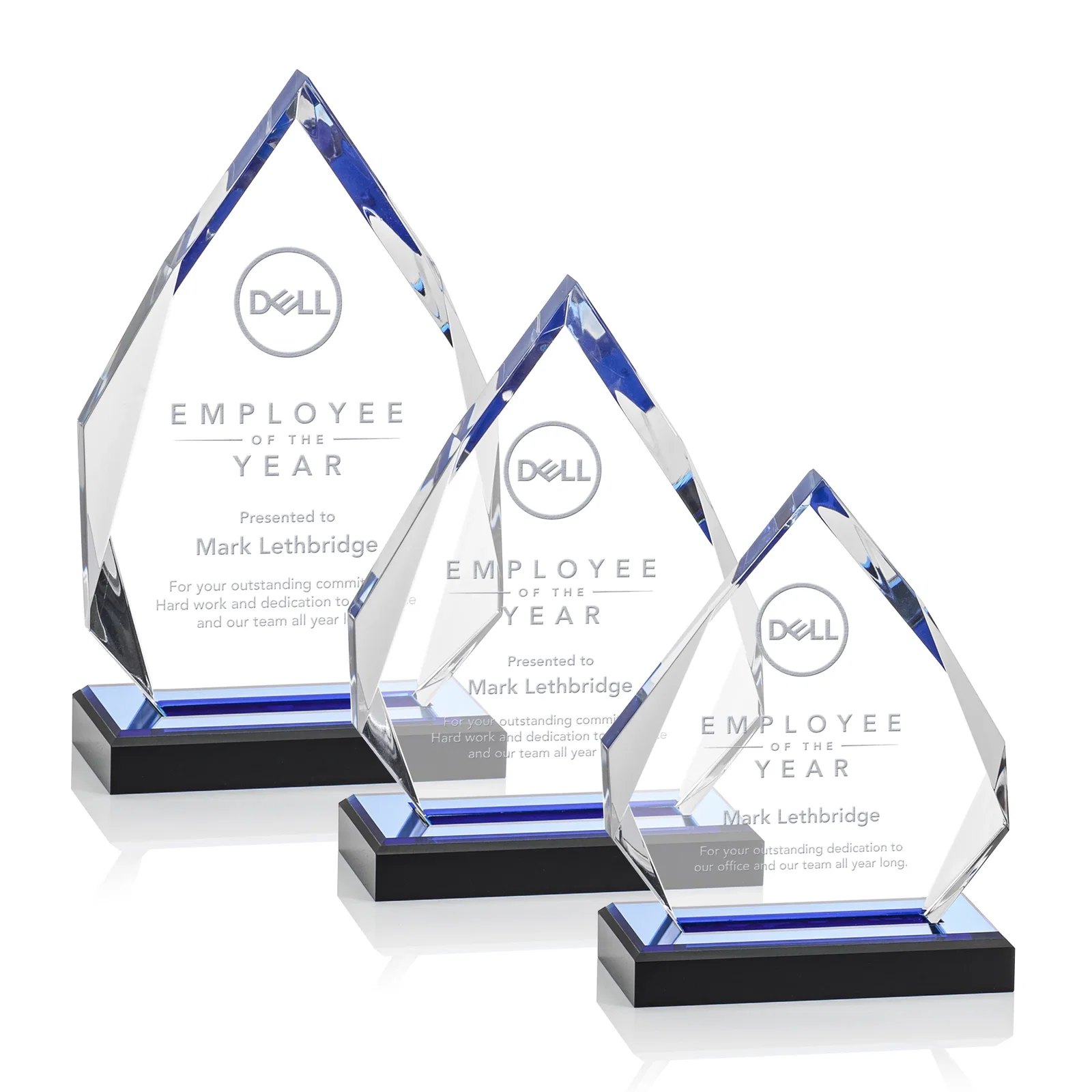 Custom Faceted Acrylic Award with Blue Reflective Peak on Ebony Base for employee recognition