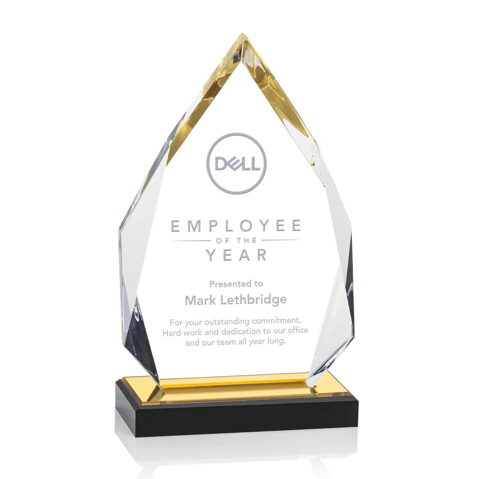 Custom Faceted Acrylic Award with Blue Reflective Peak on Ebony Base for company anniversary events