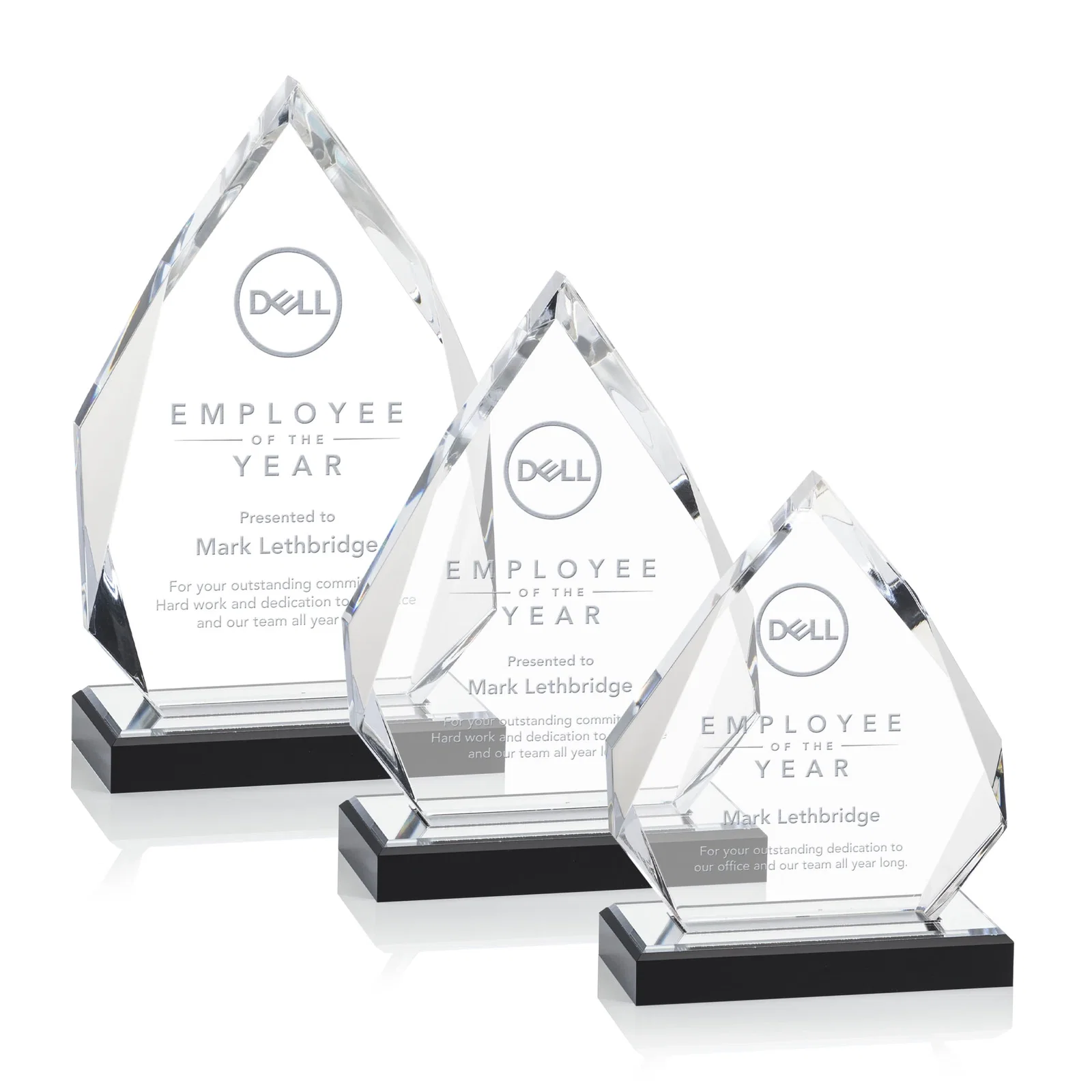 Personalized Faceted Acrylic Award with Blue Reflective Peak on Ebony Base for employee recognition