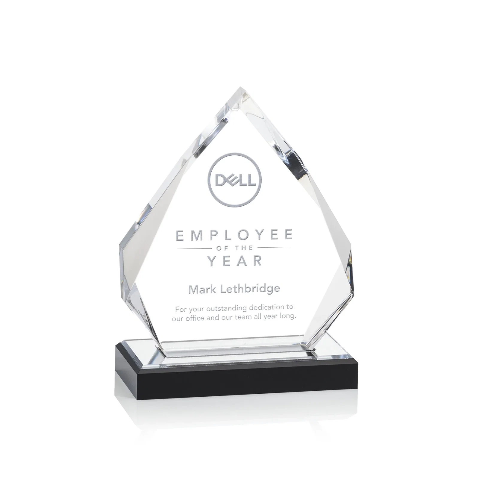 Personalized Faceted Acrylic Award with Blue Reflective Peak on Ebony Base for corporate award ceremonies