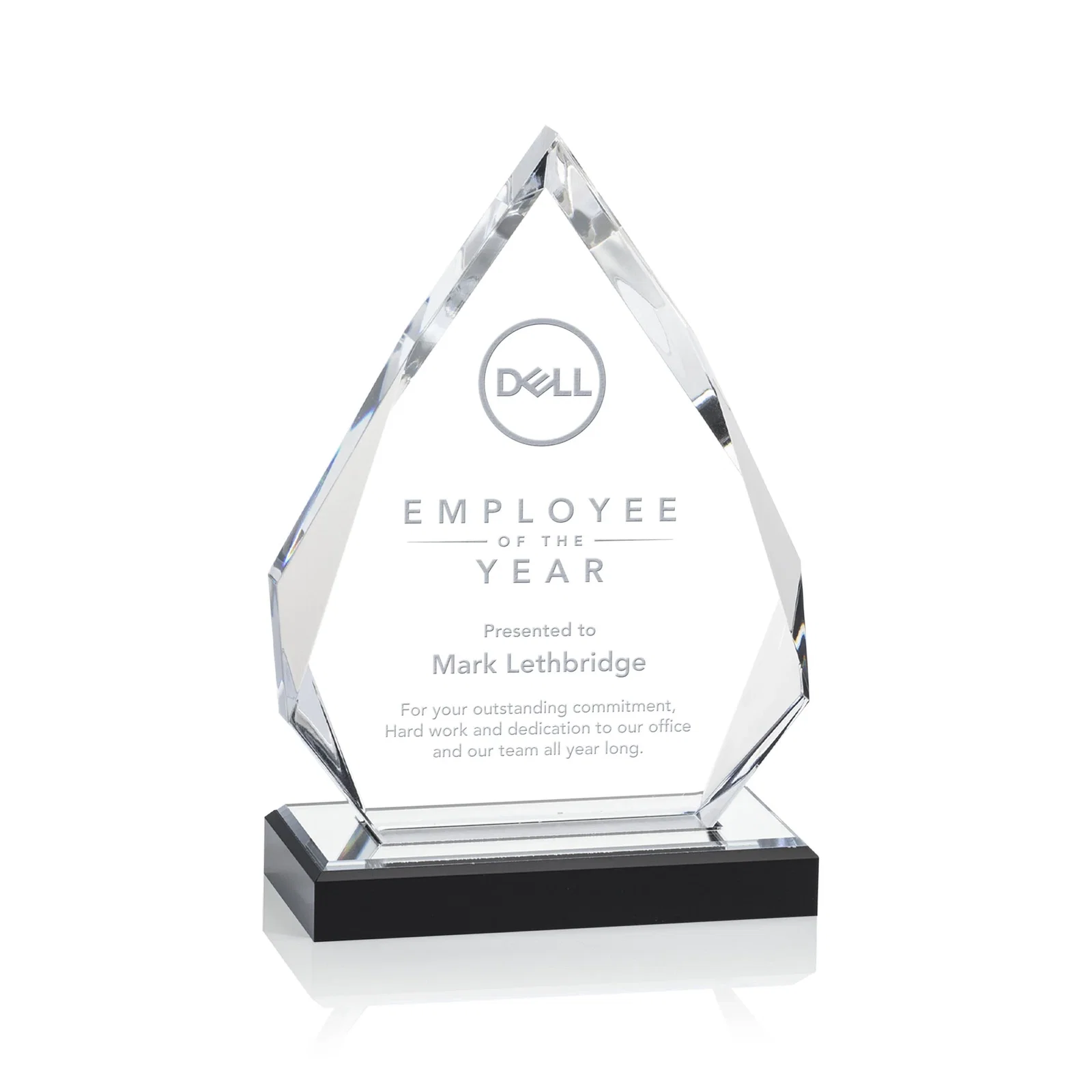 Personalized Faceted Acrylic Award with Blue Reflective Peak on Ebony Base for service anniversary gifts