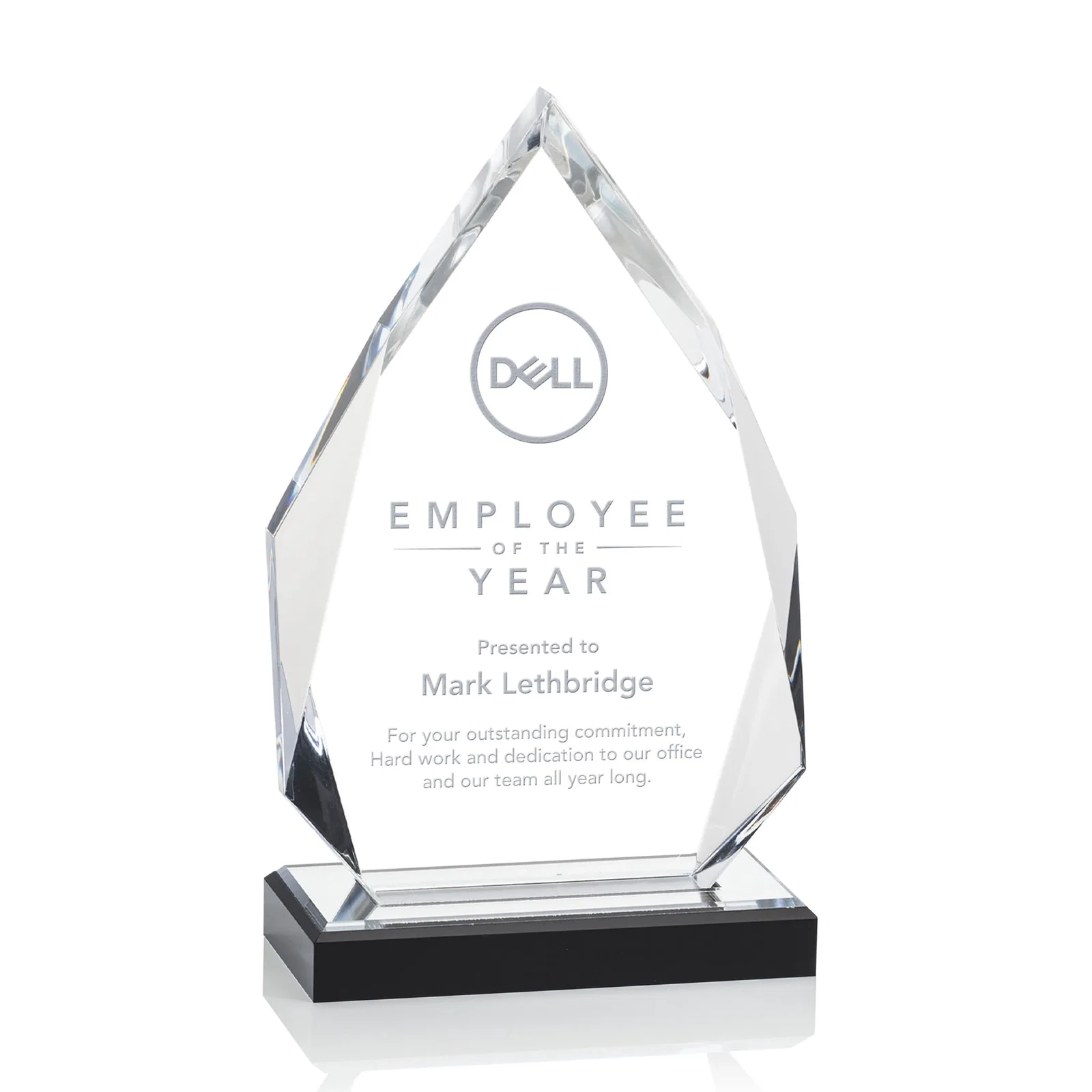 Personalized Faceted Acrylic Award with Blue Reflective Peak on Ebony Base for sales achievement awards